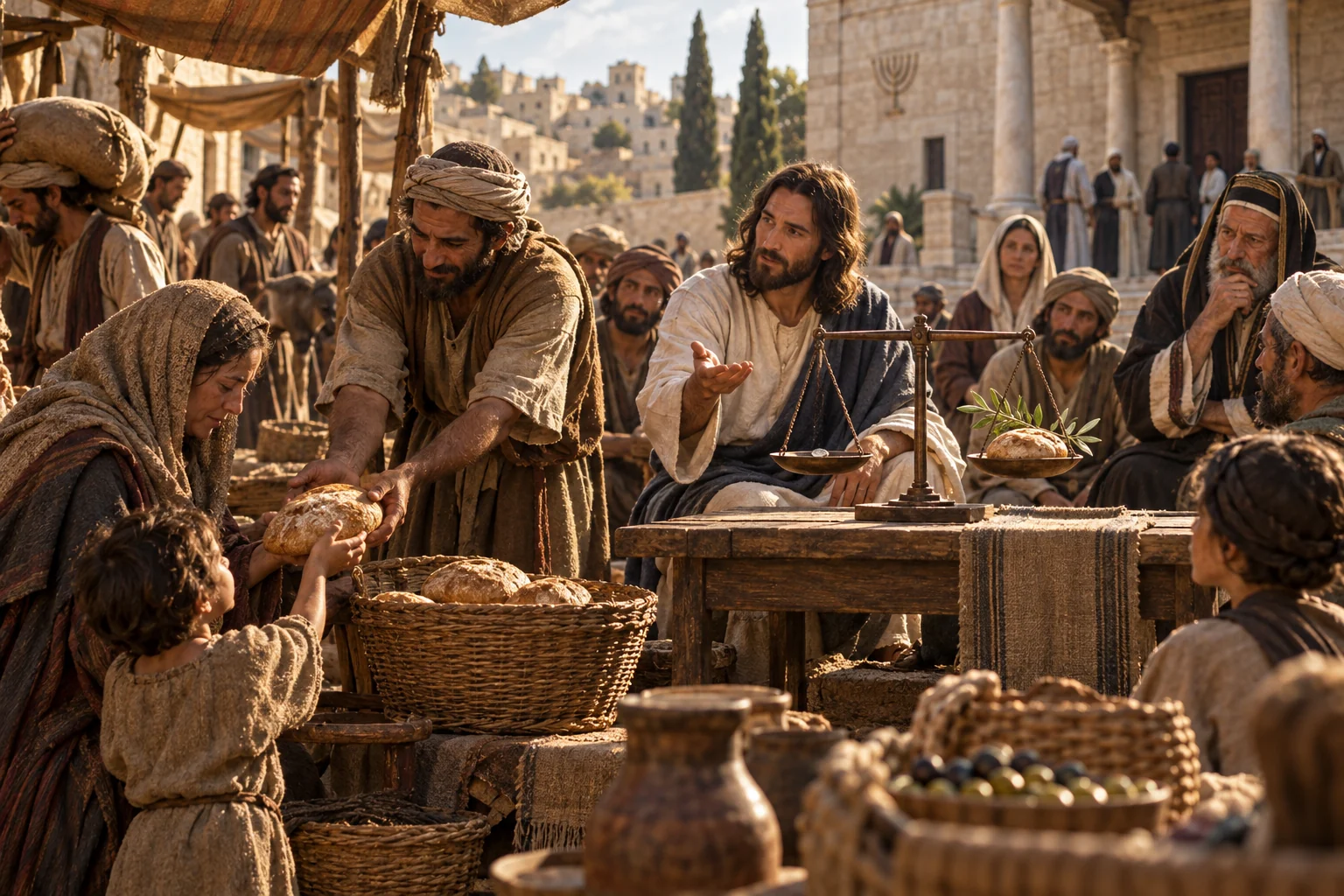 A Jewish teacher uses scales as bread is shared with a widow and child in a village marketplace.