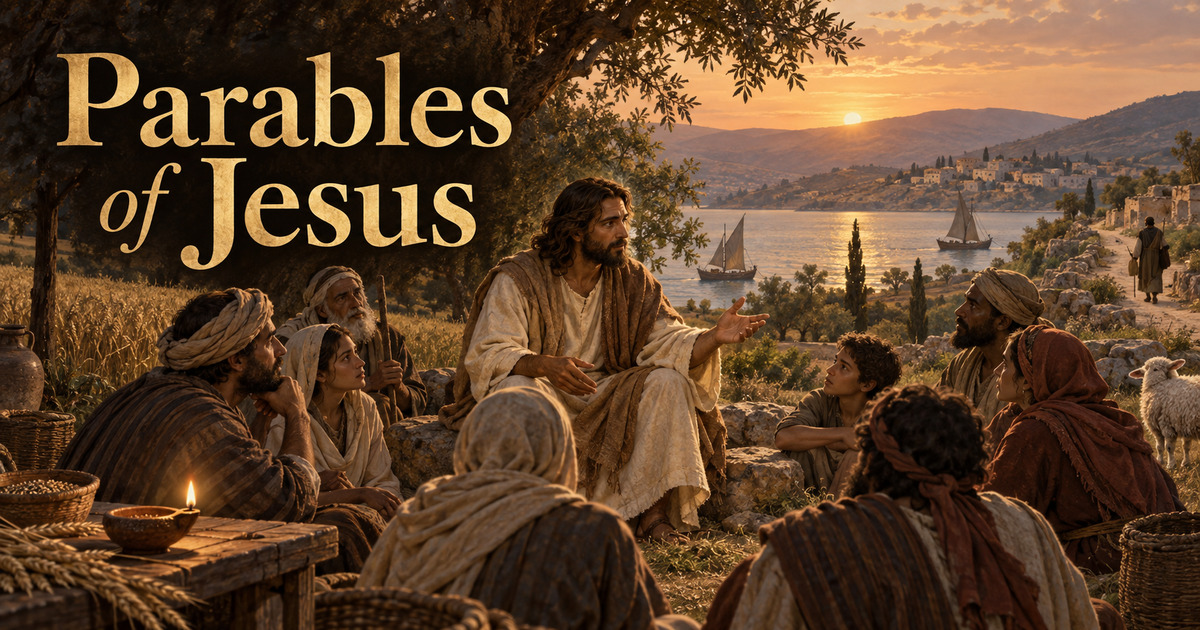 Jesus teaching a gathered crowd beside the Sea of Galilee, with a sower and sheep evoking his parables.