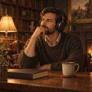A listener wearing over-ear headphones in a warm scholarly library.