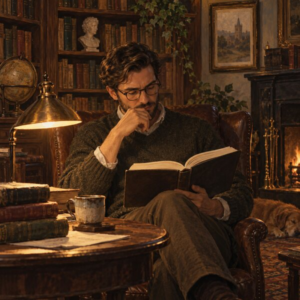A reader studying an open book in a warm scholarly library.
