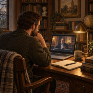 A viewer watching a theological video on a laptop in a warm scholarly library.