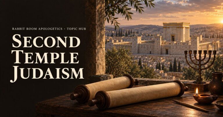 Second Temple Judaism topic hub: Jerusalem Temple, blank scrolls, menorah, and scholar’s table in warm historical artwork.