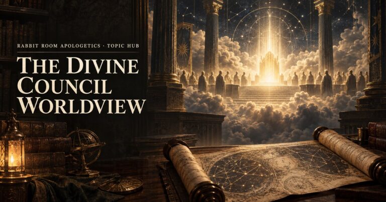 Divine Council worldview topic hub: radiant heavenly throne, celestial council, stars, and ancient scroll in scholarly artwork.