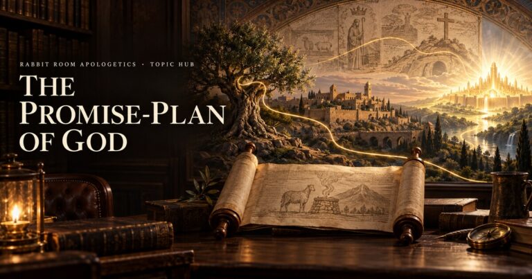 The Promise-Plan of God topic hub: covenant scroll, tree, biblical city, and renewed creation in warm manuscript-style artwork.