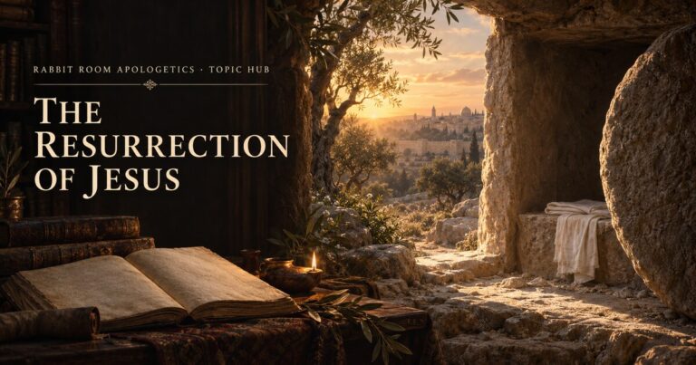 Resurrection of Jesus topic hub: empty rock-cut tomb, rolled stone, burial cloth, olive garden, and Jerusalem at dawn.