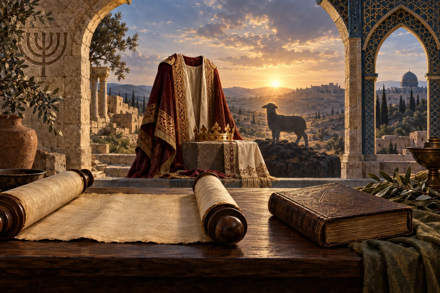 Blank manuscripts, a royal mantle, crown, and lamb stand between Jewish and Islamic arches at sunrise.