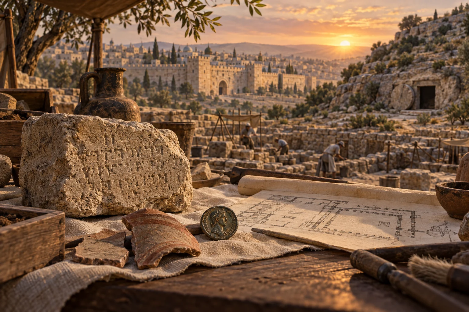 Pottery, a Roman coin, an inscribed stone, and an excavation overlook an ancient Judean city and rock-cut tomb.