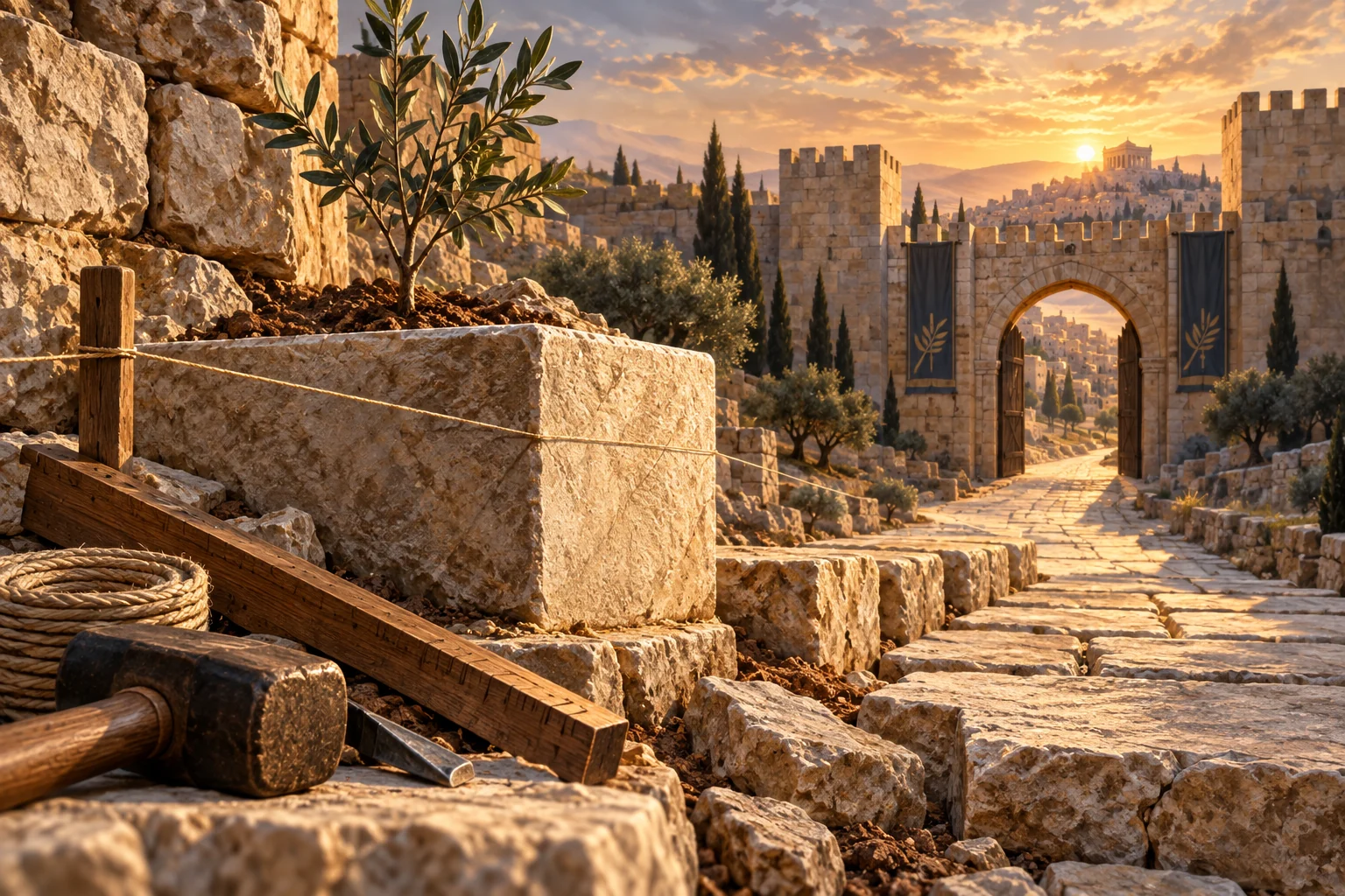 Ancient measuring tools, a cornerstone, fitted stones, and an olive sapling form a path toward an open city gate.