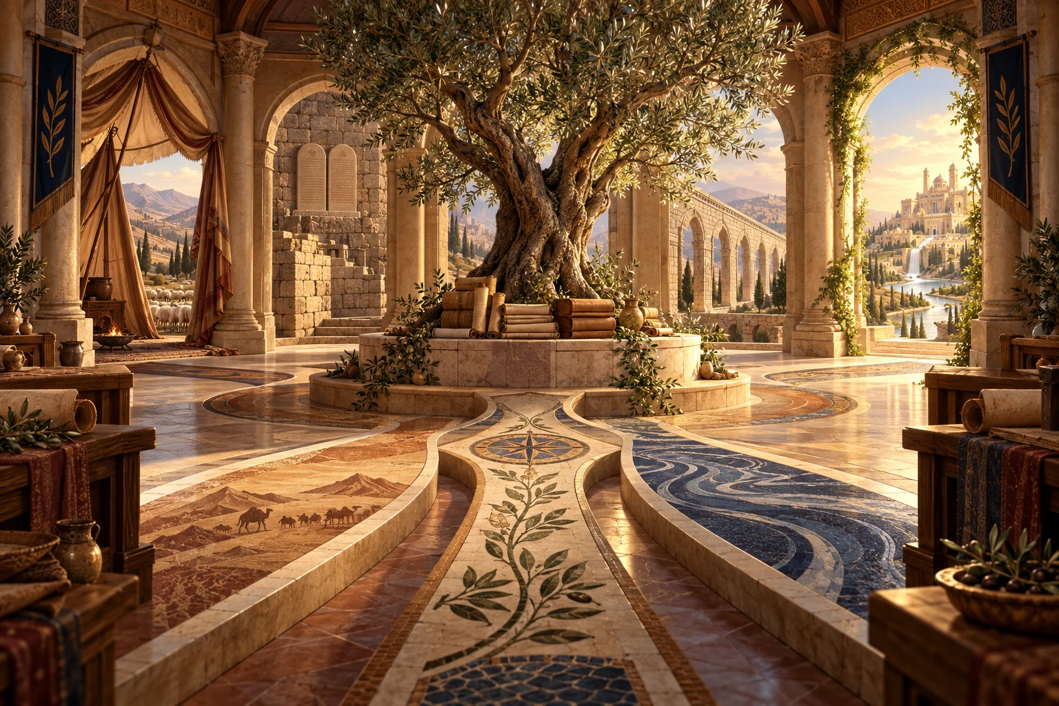An olive tree rises through a scholarly hall where converging mosaic paths lead toward a radiant garden-city.