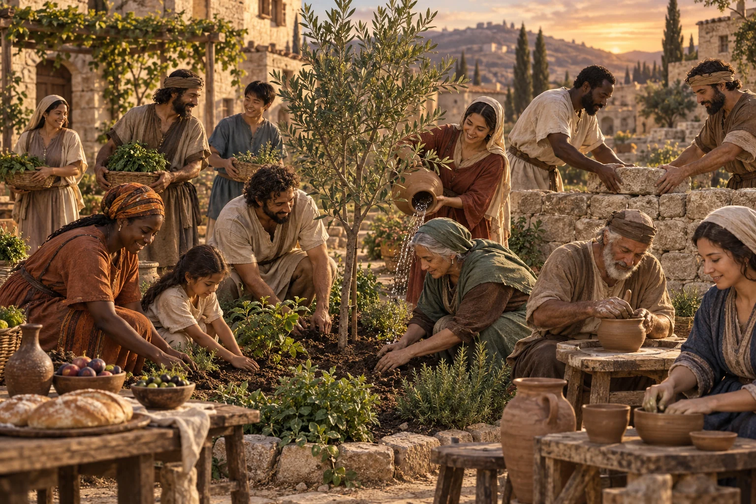Women, men, and children cultivate a shared garden, repair a stone wall, and shape pottery around a young olive tree.