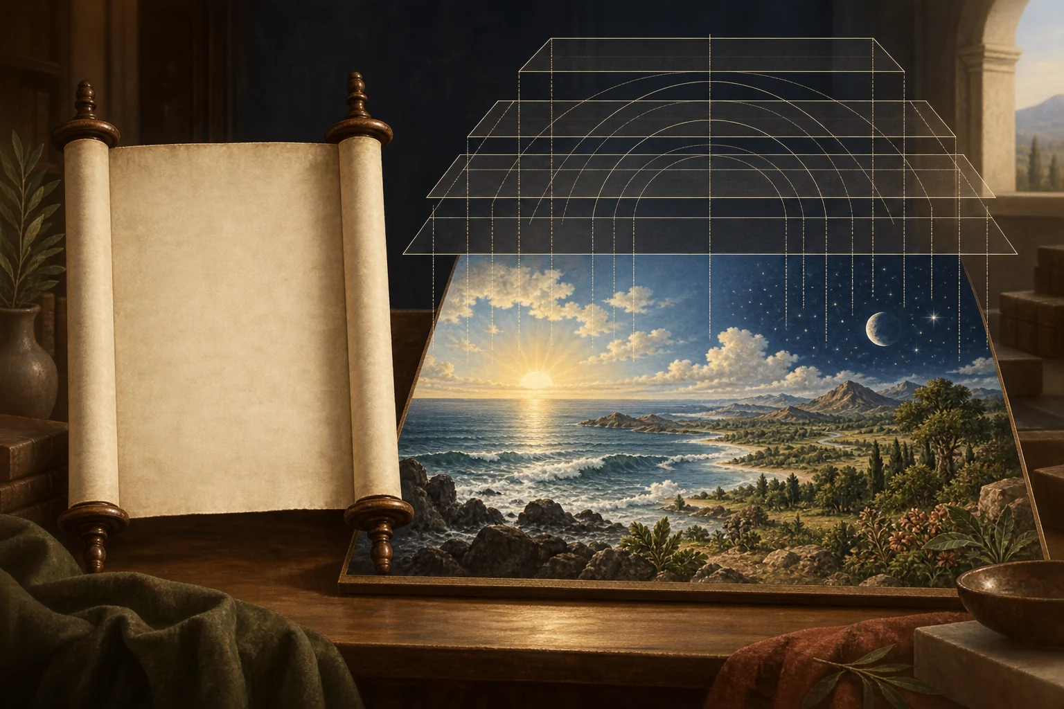 A blank ancient scroll stands beside a creation landscape covered by a transparent architectural drafting overlay.