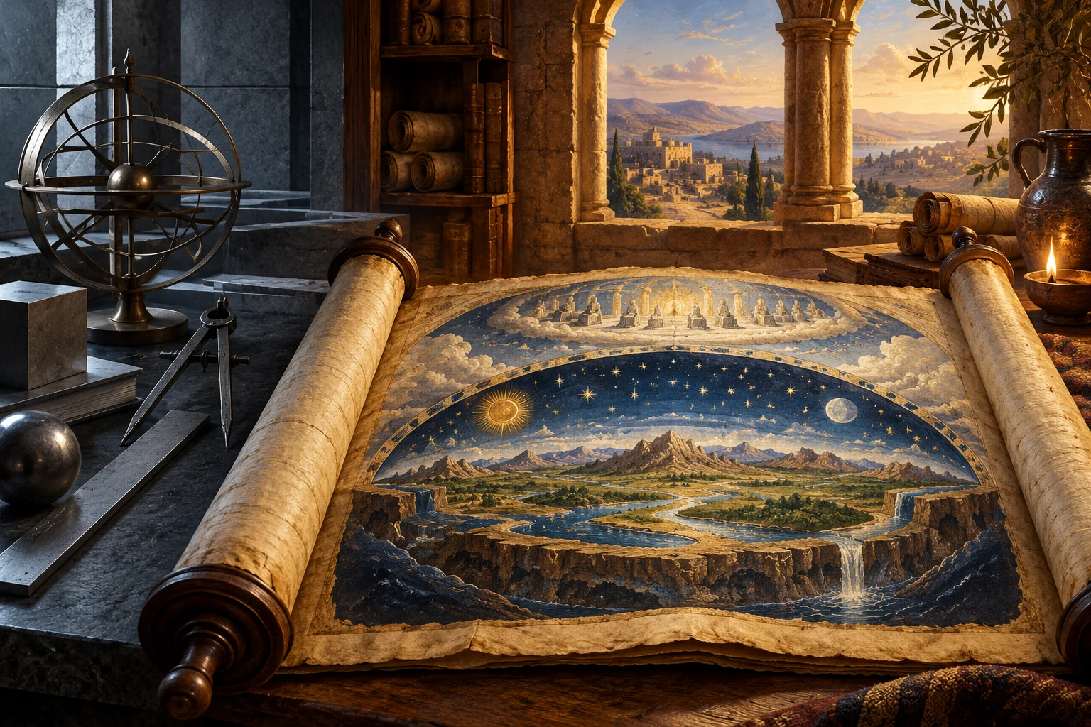 An ancient cosmic manuscript rests between cold geometric instruments and a warm biblical landscape.