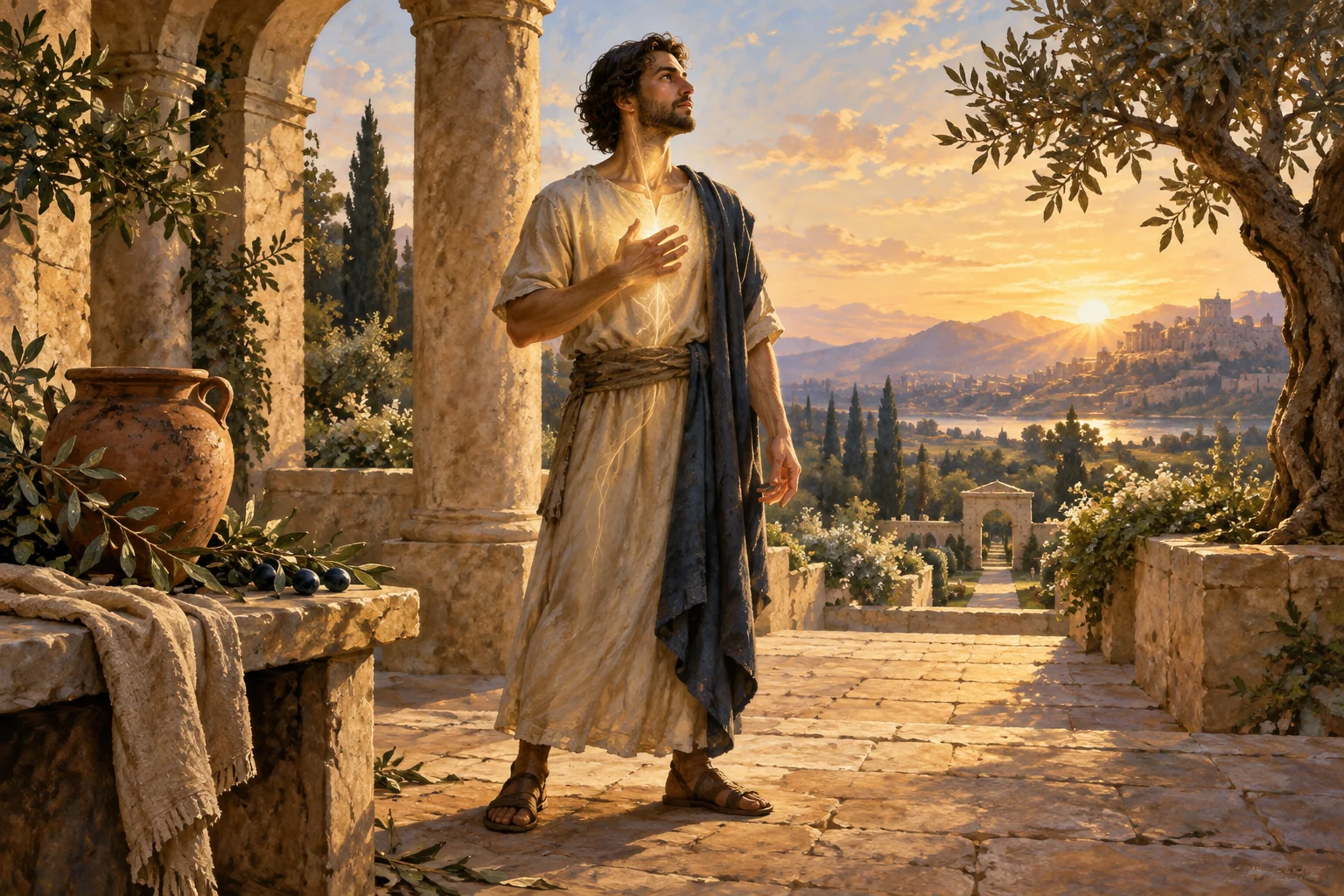 An embodied man stands at sunrise with subtle light tracing his chest and limbs beside clay vessels and an olive tree.
