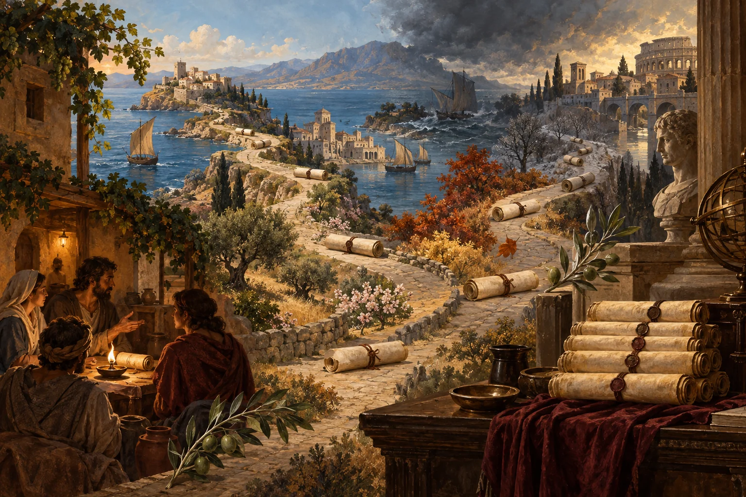 Sealed scrolls follow a winding Mediterranean route through changing seasons toward a Roman study and gathered collection.
