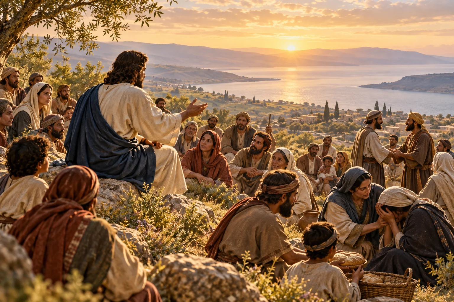Jesus teaches a diverse crowd on a Galilean hillside as listeners comfort, reconcile, and share bread with one another.
