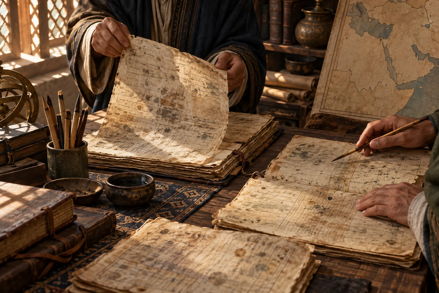 Scholars compare layered, unlettered parchment folios beside reed pens and an unlabeled map of the Near East.
