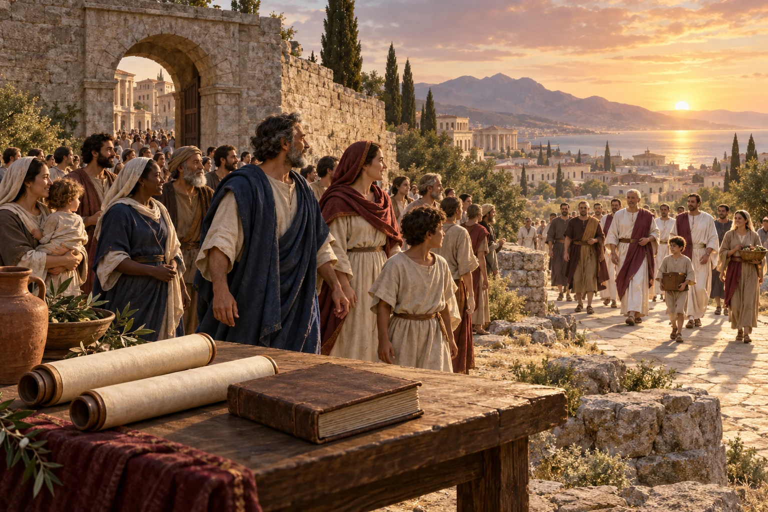 An early Christian community leaves a Roman city gate to welcome an arriving procession at sunrise beside blank scrolls.