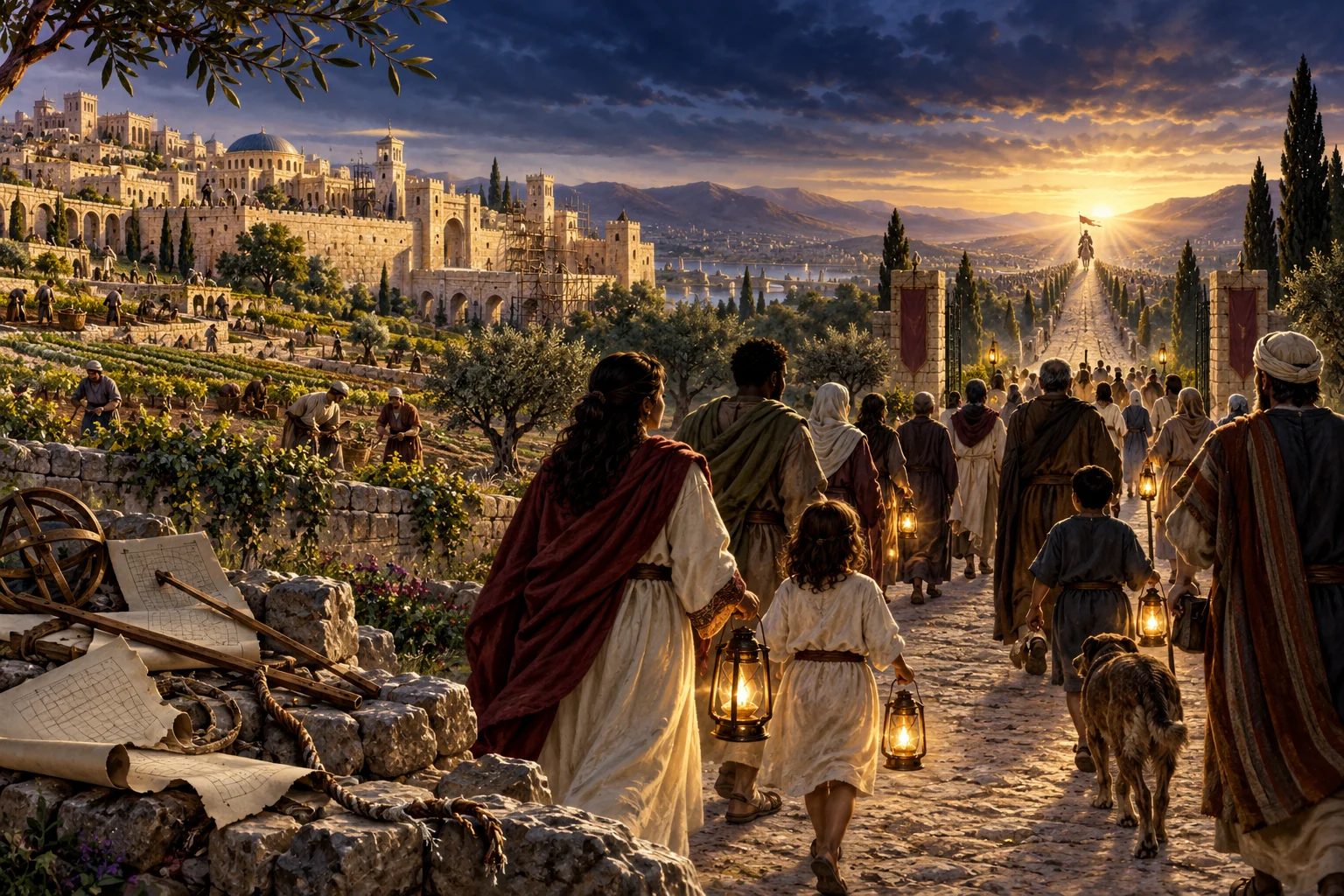 Families carrying lamps leave a renewed ancient city to welcome a distant returning king at dawn.