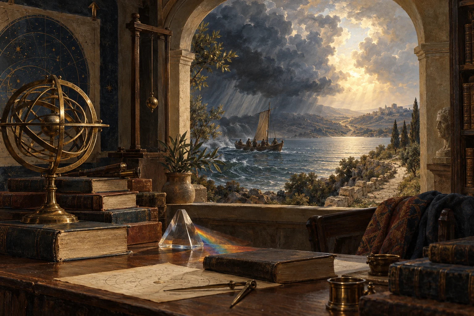 Astronomical instruments and a prism overlook a storm calming around an ancient boat and an illuminated coastal path.