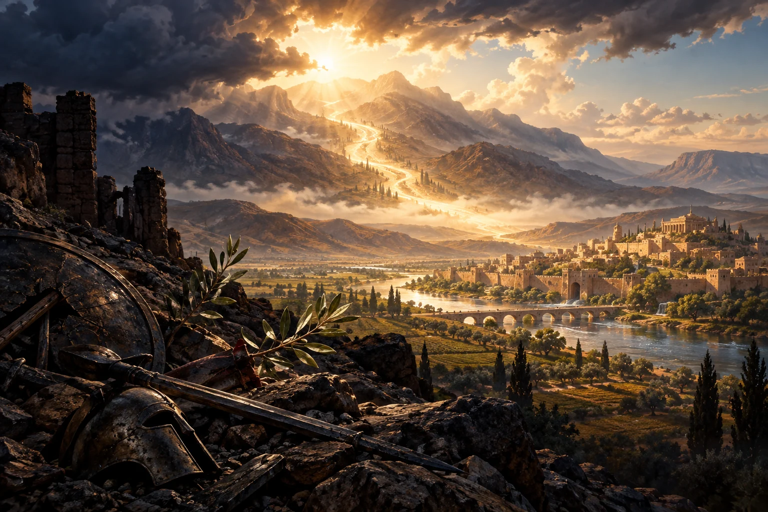 Broken weapons and an olive branch overlook a radiant royal road descending toward a renewed city.
