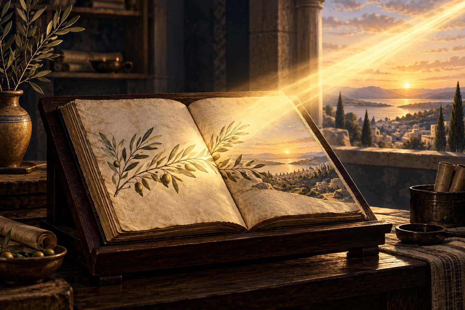 An ancient open codex and olive branch illuminated by golden light above a Mediterranean landscape.