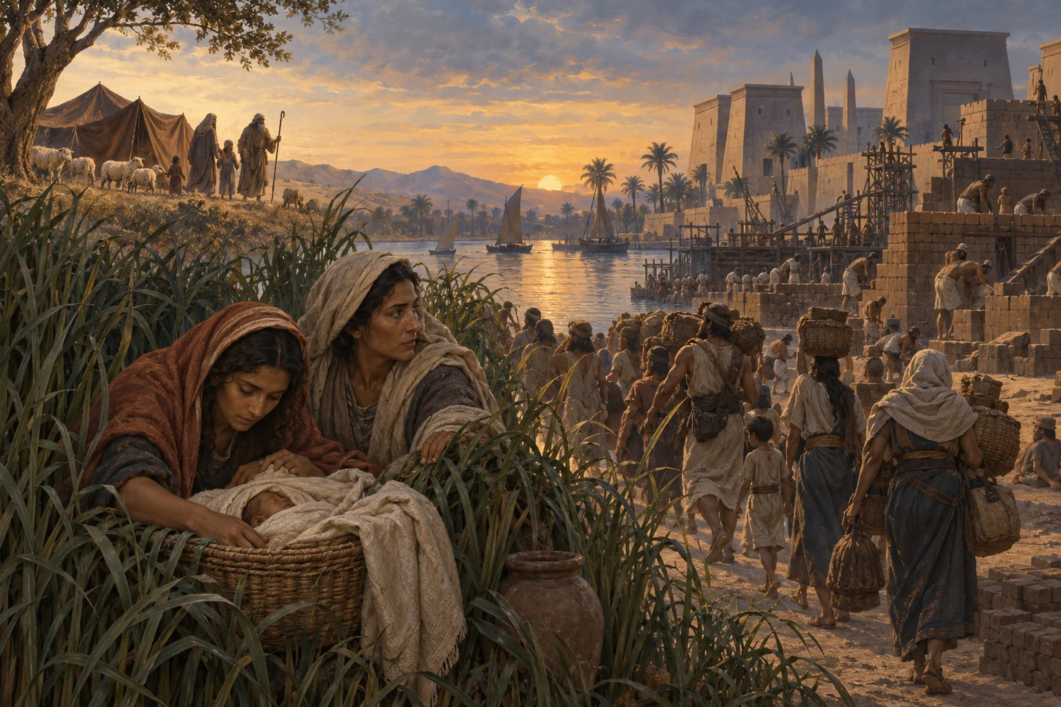 Two midwives shelter a swaddled infant beside the Nile as Hebrew families labor near an ancient Egyptian store city.