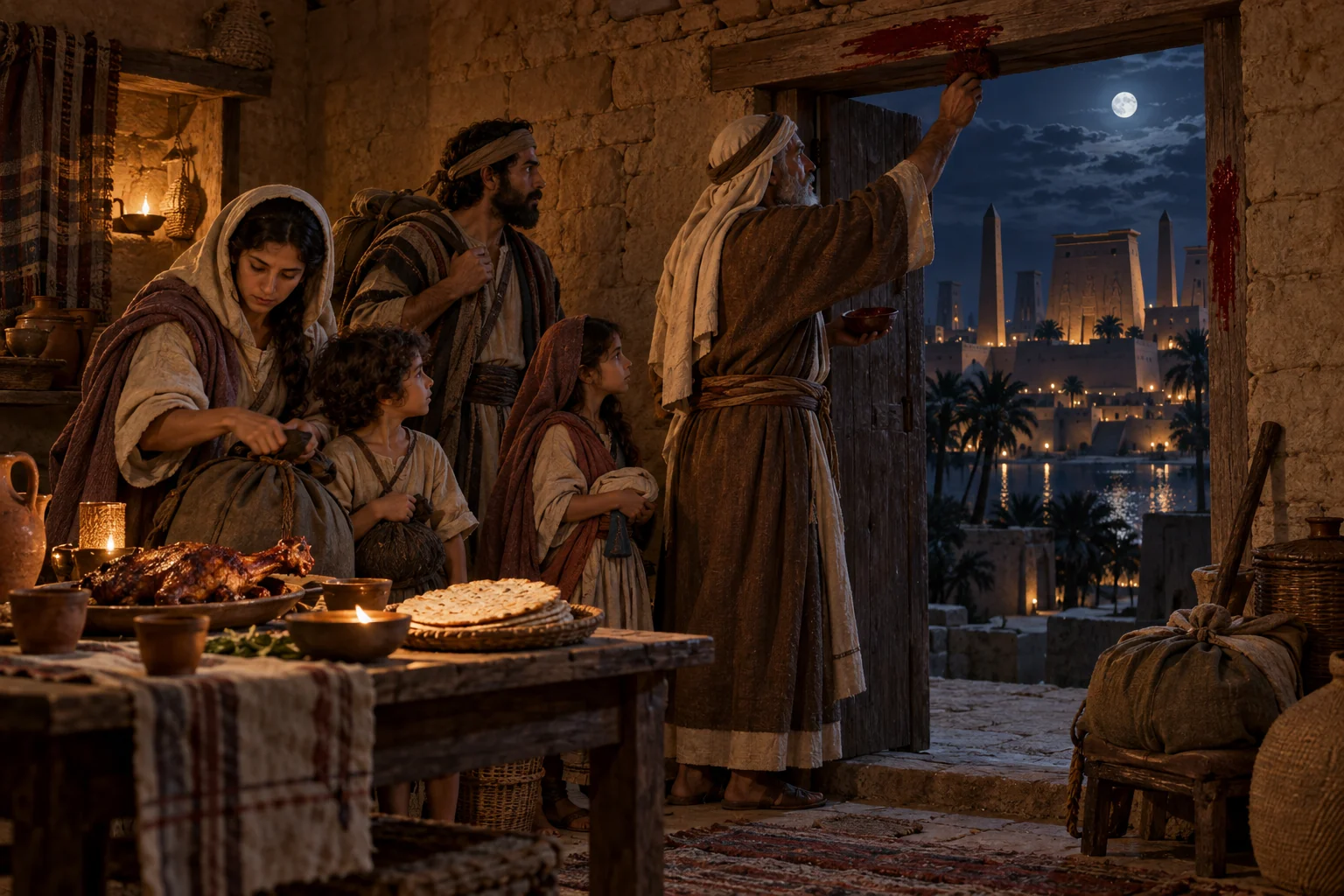 An Israelite family prepares for departure as an elder marks a doorway with Passover blood under the Egyptian night sky.