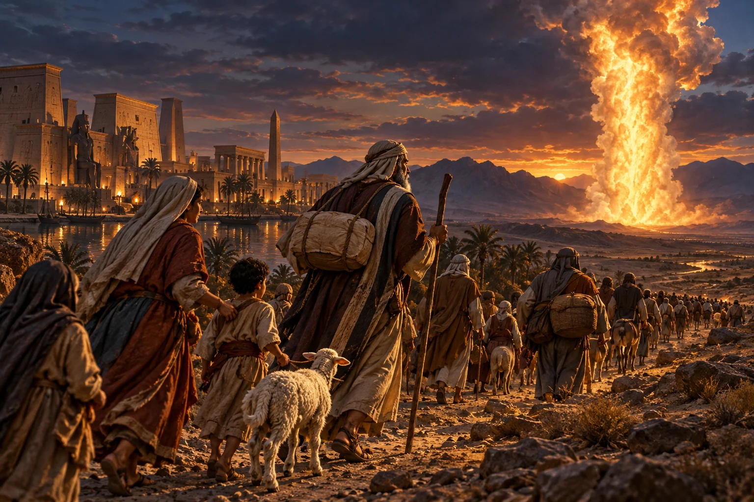 Israelite families leave Egypt toward a pillar of fire, carrying provisions and a lamb across the twilight wilderness.