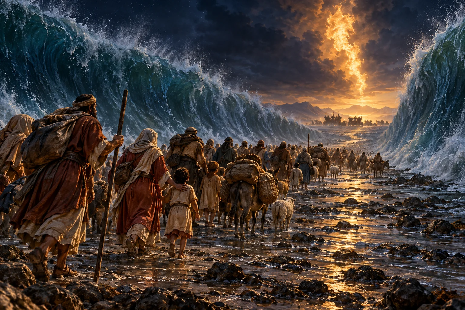 Bronze Age families cross the divided sea toward dawn beneath a distant pillar of fire.