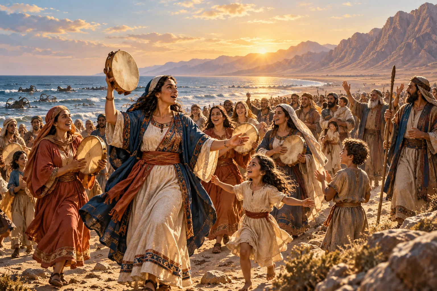 Miriam leads Israelite families in joyful frame-drum worship on the shore after deliverance.