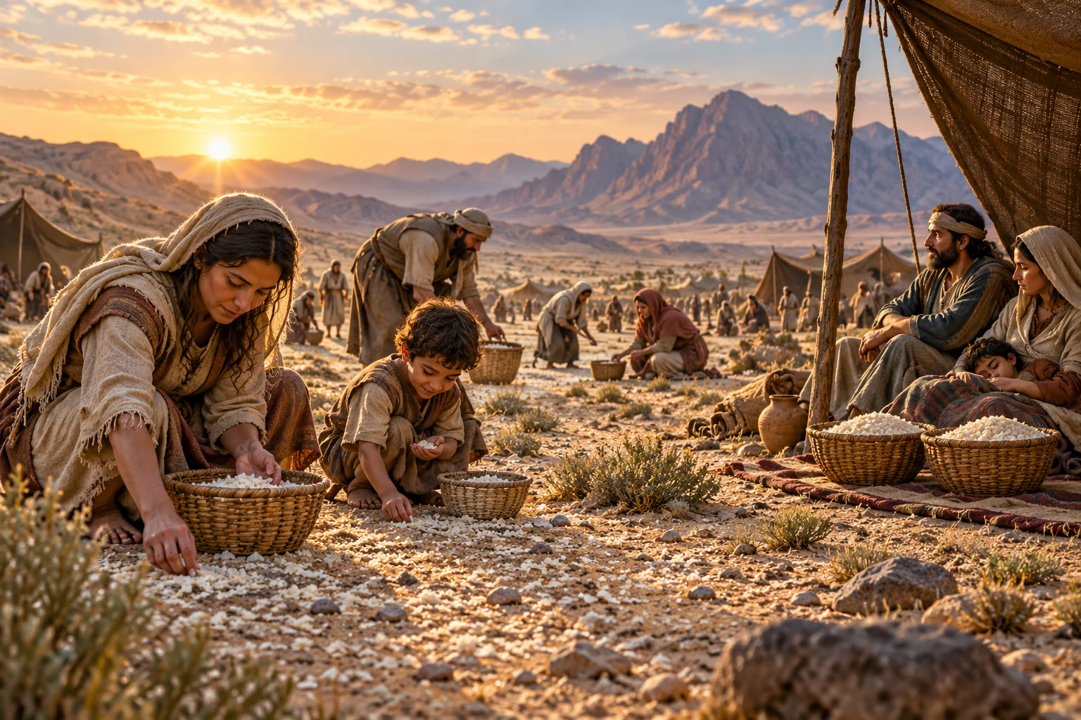 Israelite families gather subtle manna into baskets at dawn while one household rests beside a double portion.