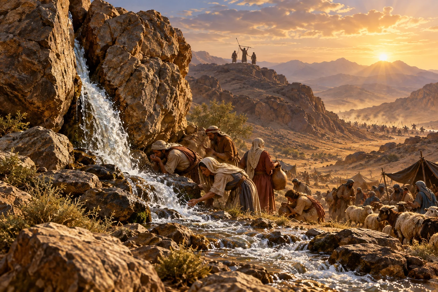 Water flows from a split wilderness rock as Israelites gather below Moses and his supporters on a distant hill.