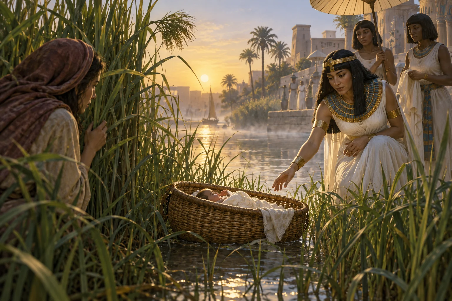 An Egyptian noblewoman reaches toward an infant in a woven basket among Nile reeds as a Hebrew woman watches.