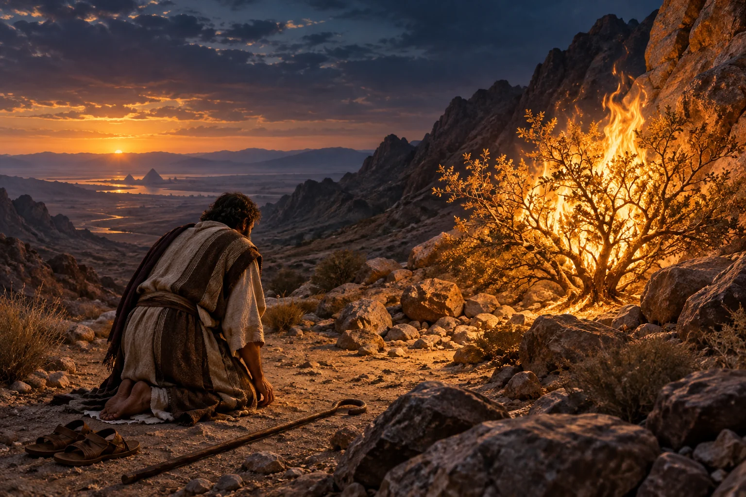 Moses kneels barefoot before a burning thorn bush overlooking the distant Nile valley at twilight.