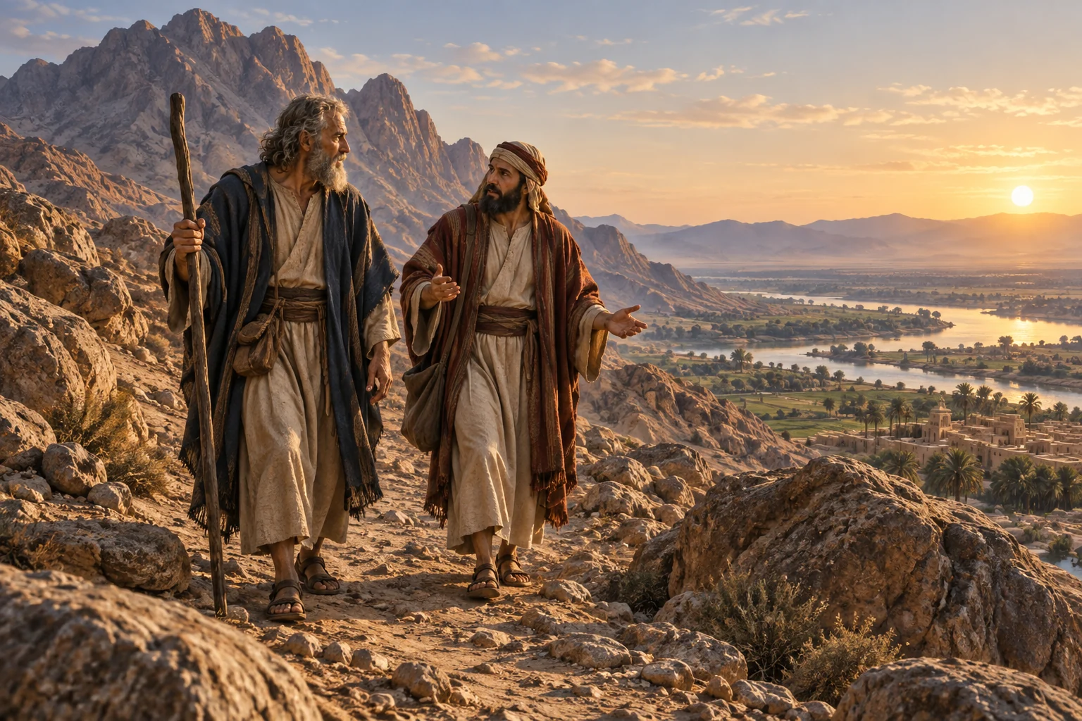 Moses and Aaron walk a mountain path toward the distant Nile valley, carrying a weathered staff.