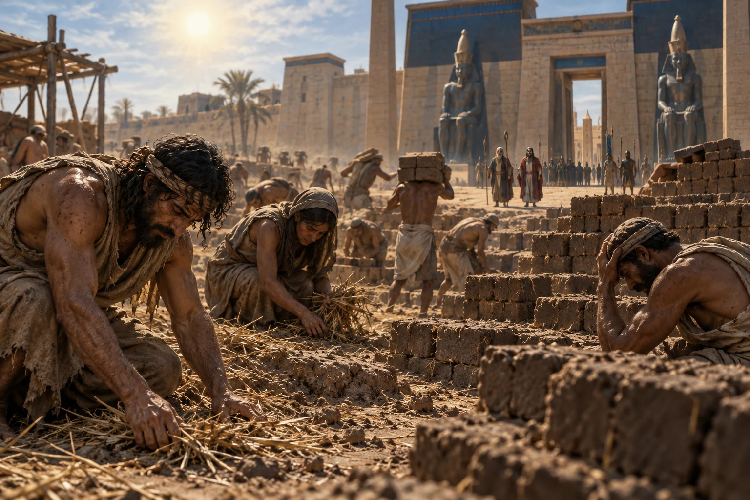 Hebrew laborers gather straw and form mud bricks while Moses and Aaron leave an Egyptian gate.