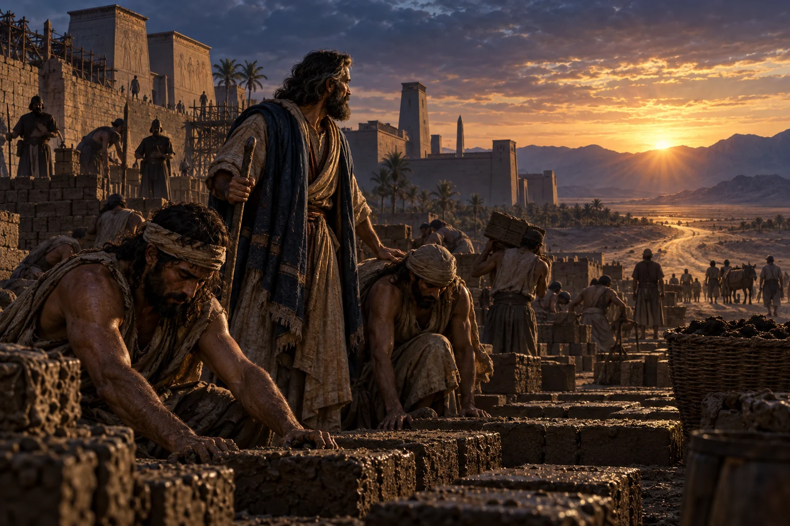 Moses stands among weary brickmakers as sunrise opens a road beyond the Egyptian store-city.
