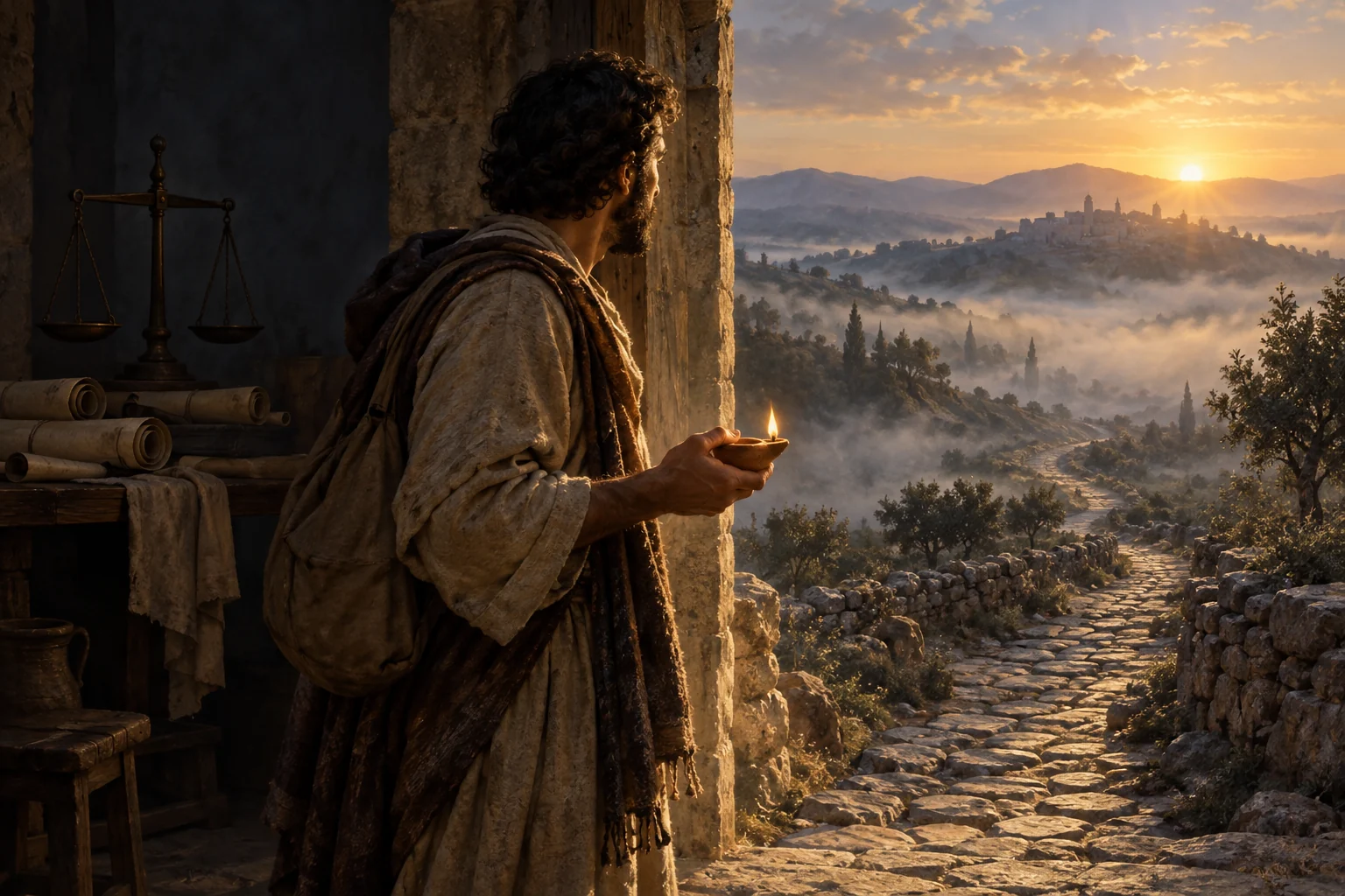 A traveler holding a clay oil lamp looks along a misty stone road toward a sunlit hilltop city.