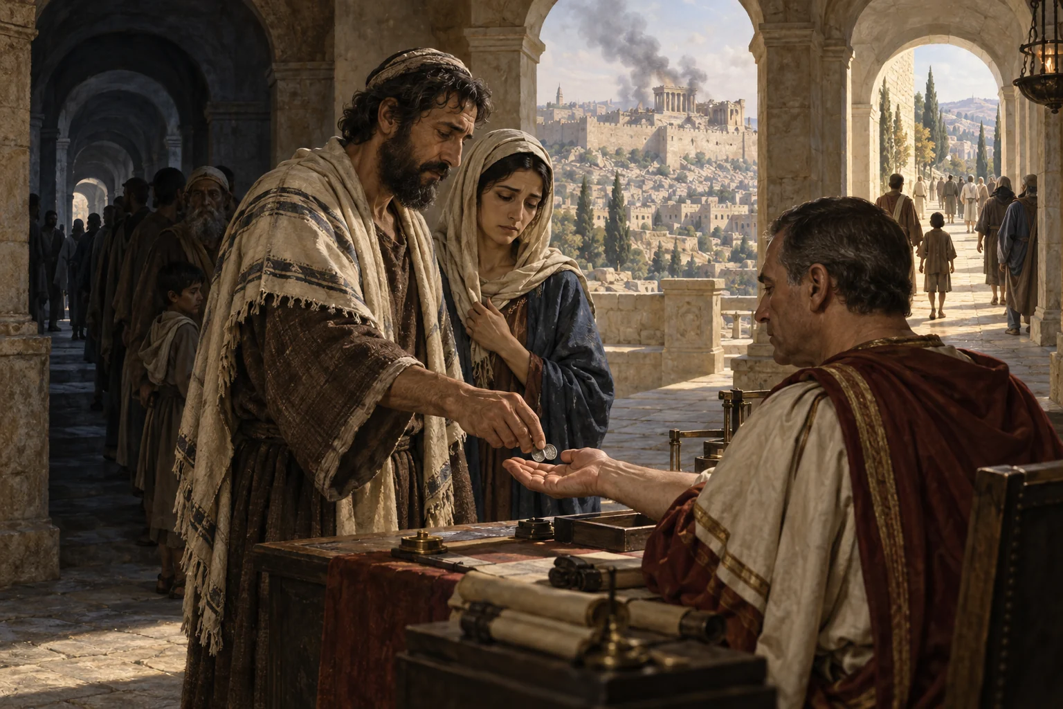 A Jewish couple pays two silver coins to a Roman official as smoke rises over Jerusalem in the distance.