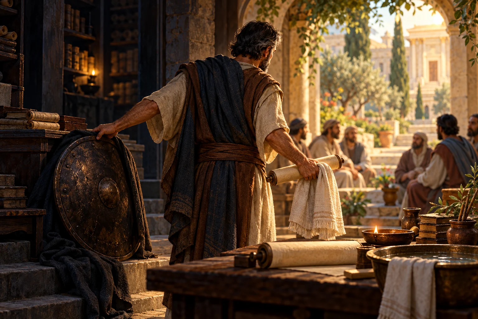 A mature scholar lays down a shield and carries a blank scroll toward a sunlit community gathered beyond a study.