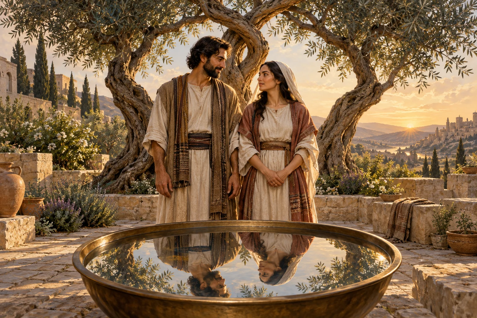 A man and woman in ancient dress stand equally beneath an olive tree, reflected together in a polished bronze basin.