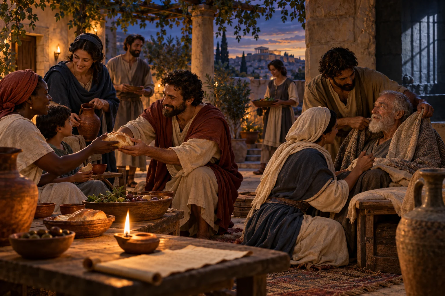 A first-century household shares bread and cares for an older neighbor beside a lamplit letter.