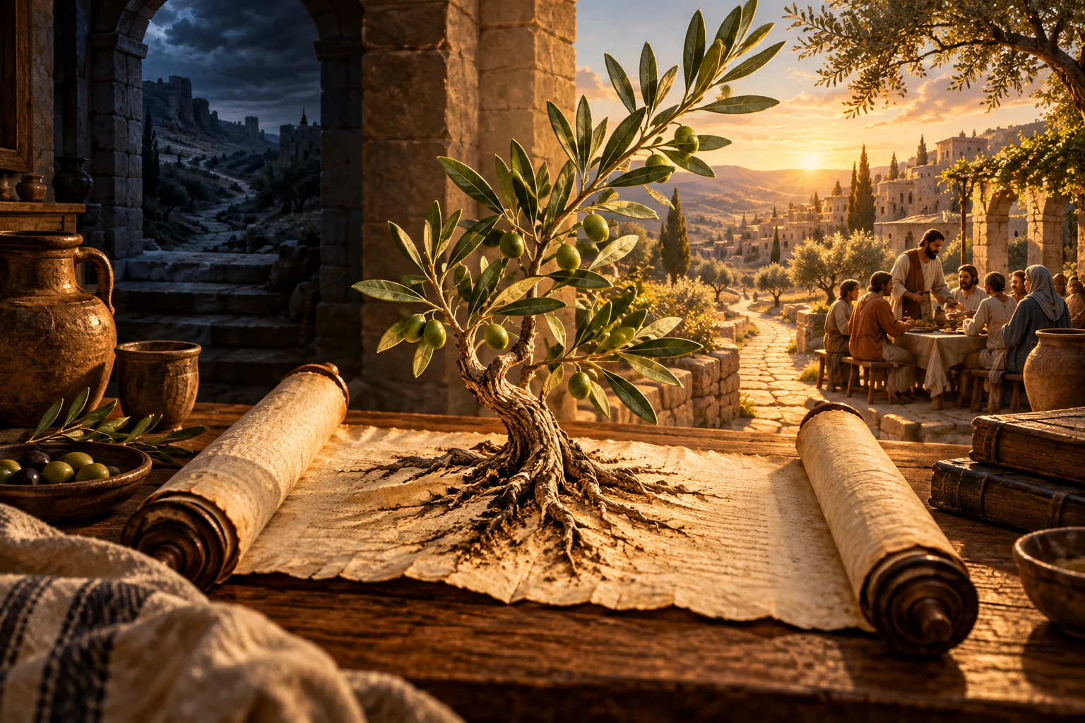 An olive tree grows from an open parchment toward a sunlit covenant community.