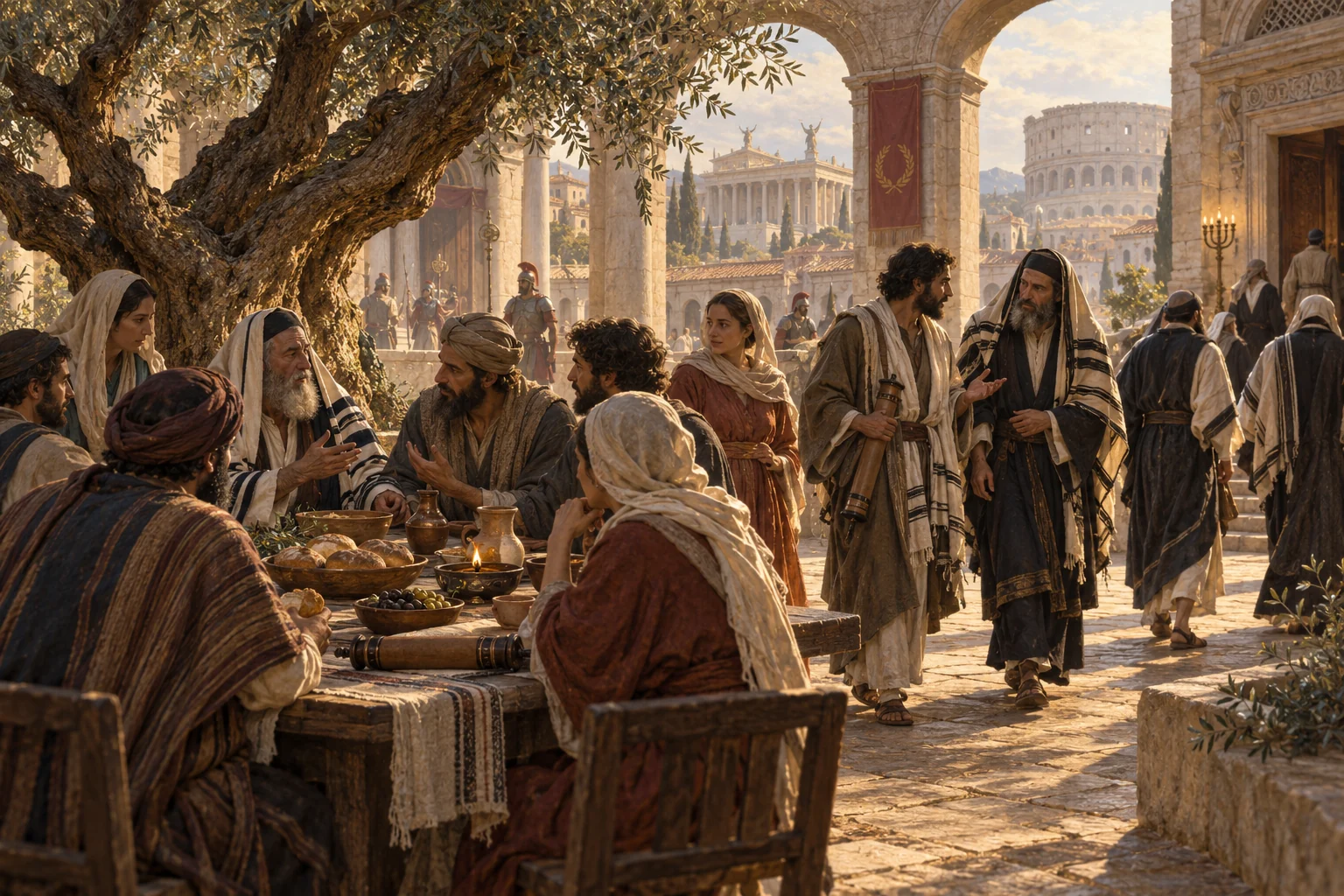 Jewish groups converse around a shared table beneath an olive tree in a first-century Roman city courtyard.