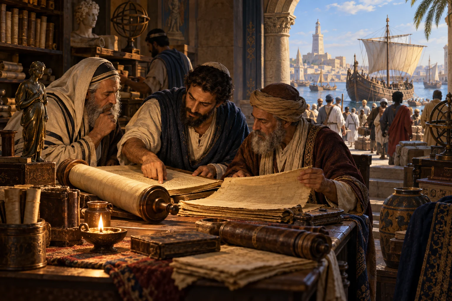 Jewish scholars compare manuscripts in an Alexandrian study while ships carry travelers across the Mediterranean.