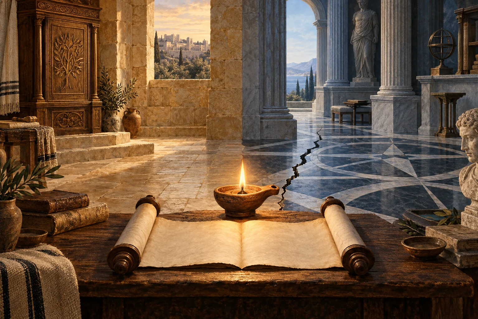 A lamp and open parchment stand between warm Jerusalem stonework and a fractured Hellenistic marble hall.
