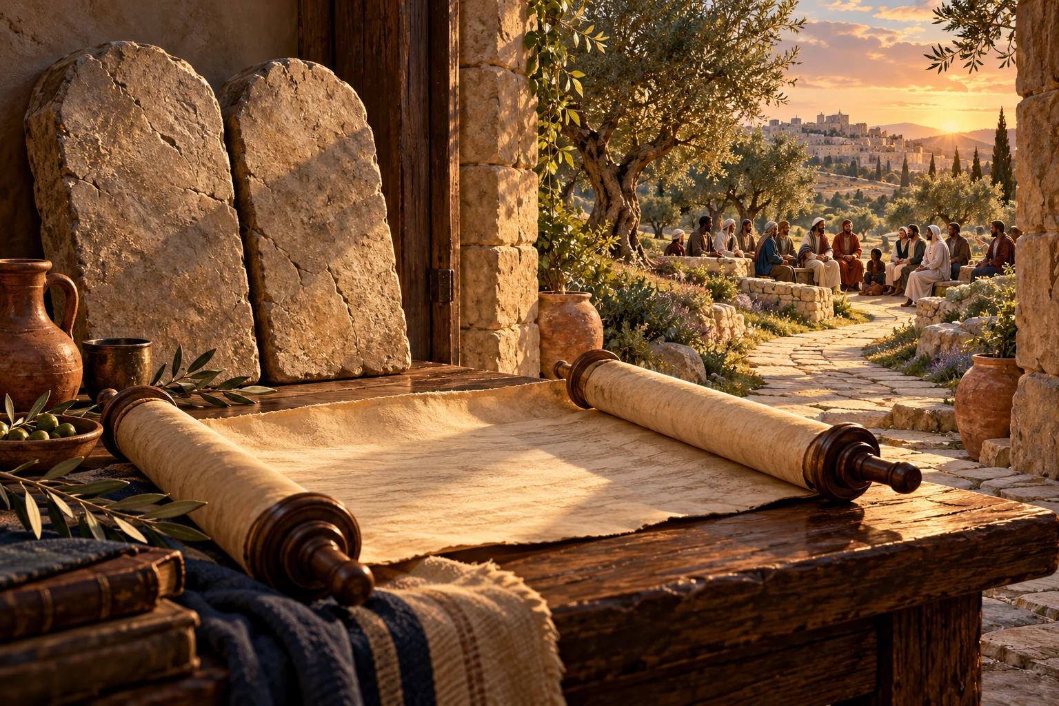 Plain stone tablets and an open scroll lead toward an olive grove and gathered community.