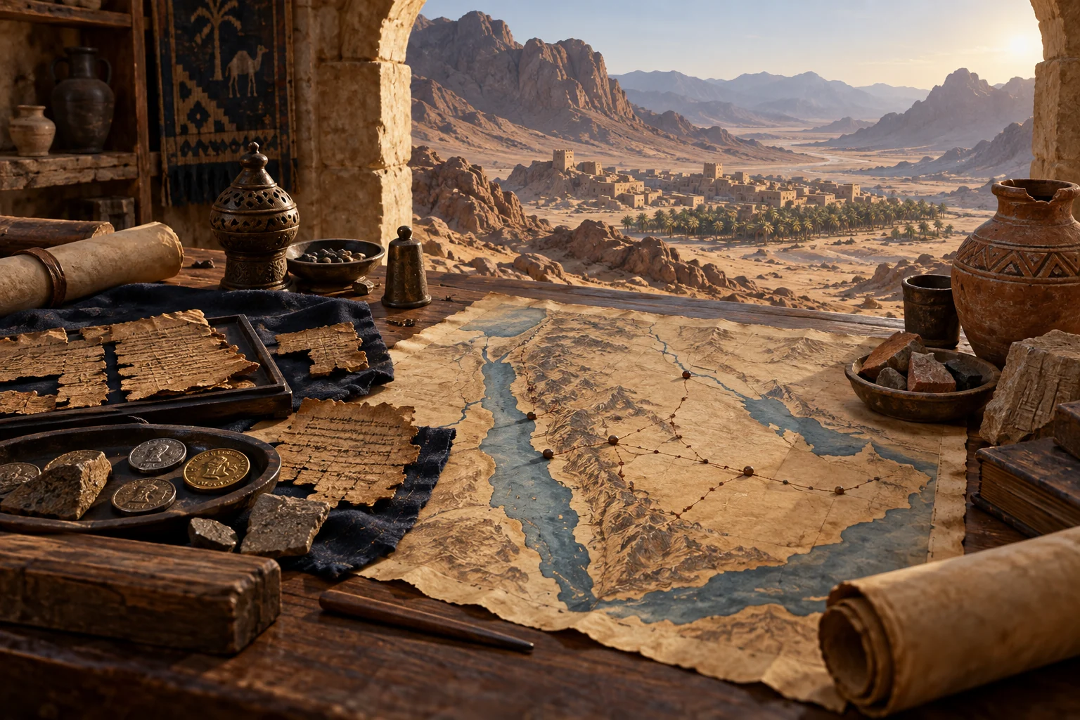 Ancient Arabian maps, manuscript fragments, coins, pottery, and a desert settlement arranged for historical study.