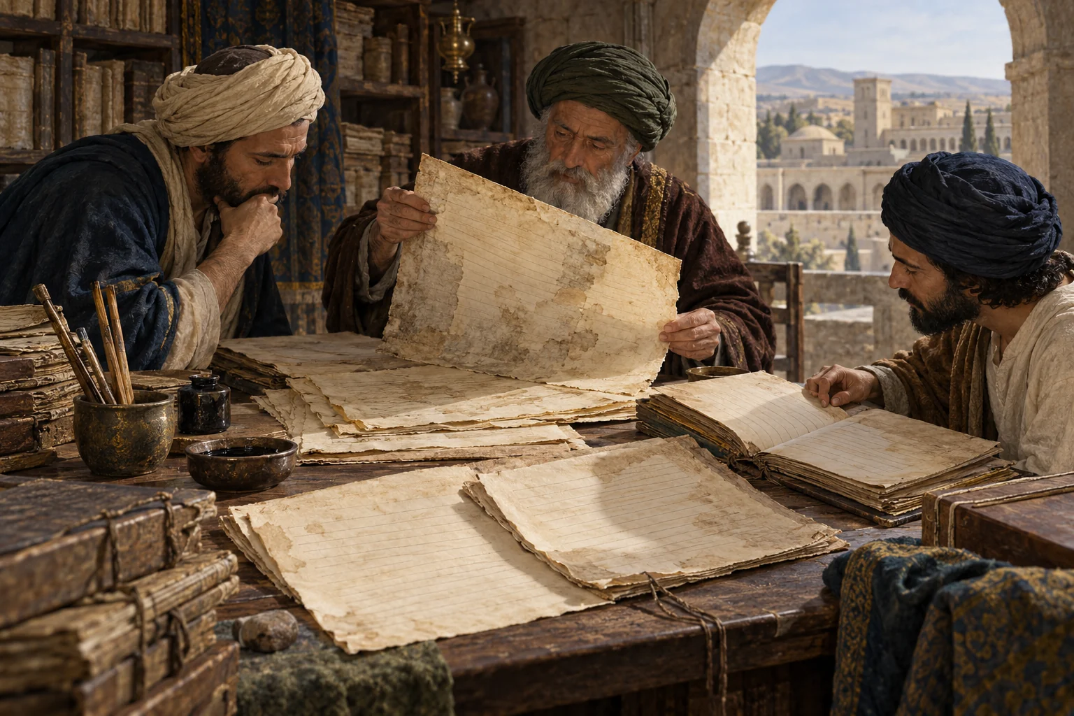 Three scholars compare blank, ruled parchment layers in an early medieval Near Eastern manuscript room.
