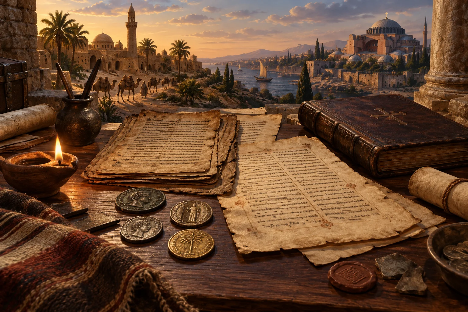 Manuscript folios, coins, seals, and an oil lamp rest between a desert city and a distant basilica.
